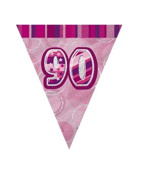 Pink Glitz Age 90 Party Flag Banner 2.8m