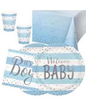 Blue and Silver Baby Shower Party Tableware Pack for 16