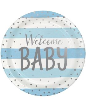 Blue and Silver Baby Shower Party Dinner Plates 23cm, pk8