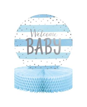 Blue and Silver Baby Shower Party Honeycomb Centrepiece 35cm