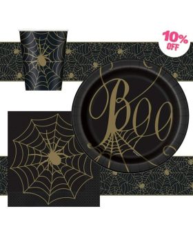 Black & Gold Spider Web Party Tableware for 8