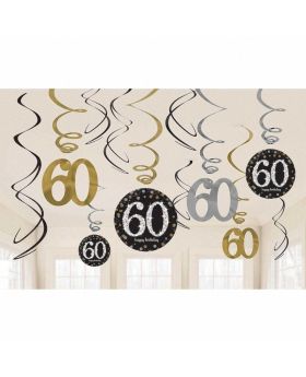 12 Gold Sparkling Celebration 60th Birthday Swirl Decorations