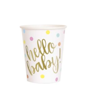 Gold Hello Baby Shower Cups 270ml, pk8