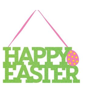 Happy Easter Green Glitter Sign with Ribbon Hanger