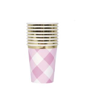 Pink Gingham 1st Birthday Party Cups 270ml, pk8