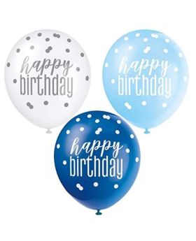 Glitz Blue Happy Birthday Latex Balloons 12", pk6